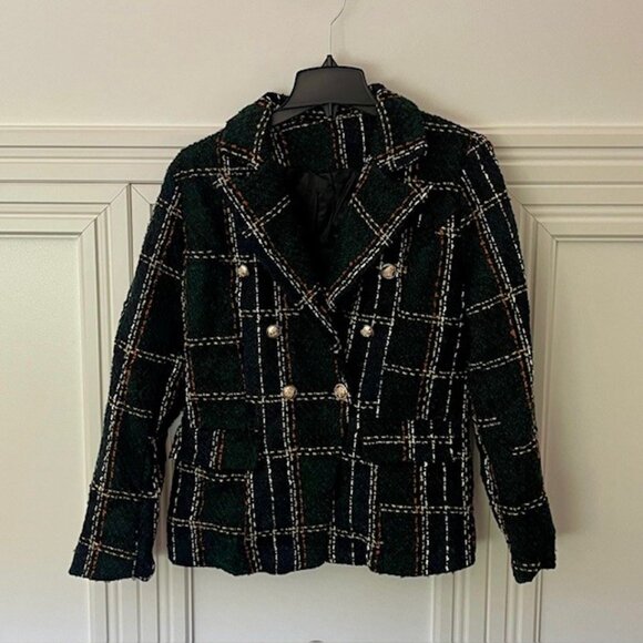 ✨NEW✨Women's Elegant Plaid Double Button Blazer Jacket - Black/Green - L - Picture 5 of 7
